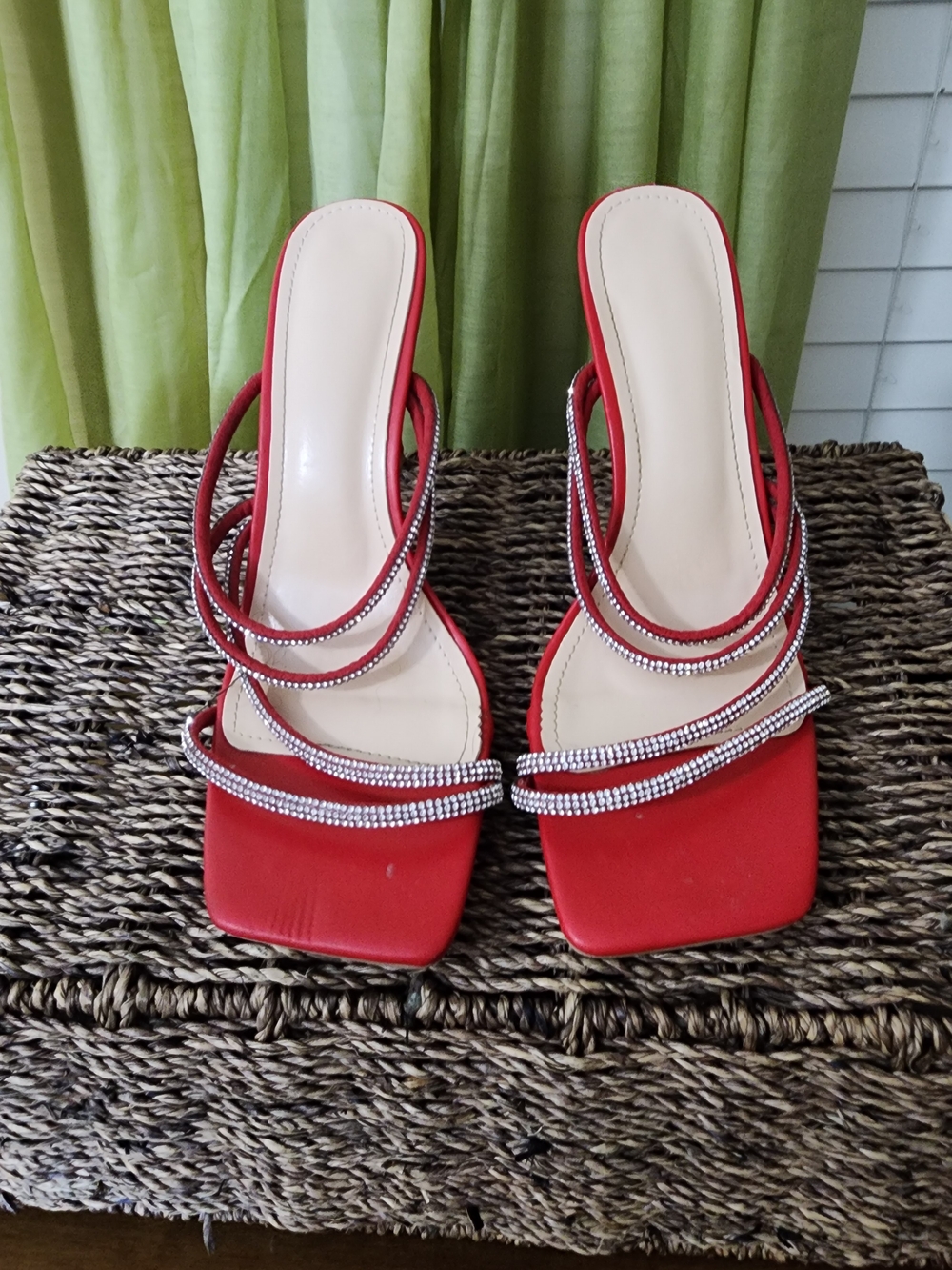 Red Rhinestone-Strap Square-Toe Heeled Sandals Sz 10 Women